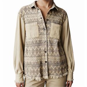 Blue B Women's Geometric Button-Up Shirt Khaki Size S